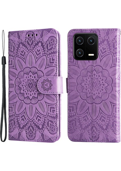 Xiaomi 13 Pro 5g Için Anti-Drop Telefon Kılıfı Pu Deri Ayçiçeği Basılı Stand Cüzdan Koruyucu Folio Flip Kapak Bilek Kayışı Ile-Mor (Yurt Dışından)