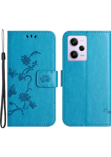 Xiaomi Redmi Için Şok Geçirmez Telefon Kılıfı Note 12 Pro+ 5g Baskılı Kelebek Çiçek Deseni ve Stand Cüzdanlı Pu Deri Telefon Kapağı-Mavi (Yurt Dışından)
