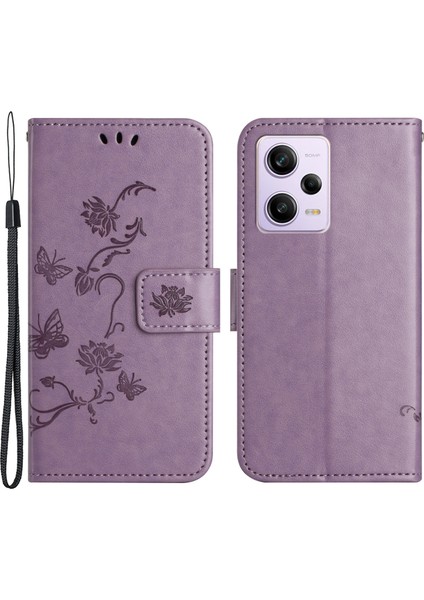 Xiaomi Redmi Için Şok Geçirmez Telefon Kılıfı Note 12 Pro+ 5g Baskılı Kelebek Çiçek Deseni ve Stand Cüzdanlı Pu Deri Telefon Kapağı-Mor (Yurt Dışından)