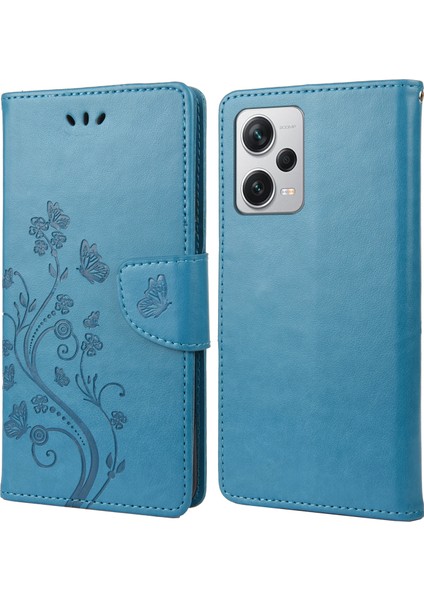 Xiaomi Redmi Için Note 12 Pro+ 5g Stand Telefon Kılıfı Pu Deri Çiçek Kelebek Basılı Cüzdan Kapağı-Mavi (Yurt Dışından)