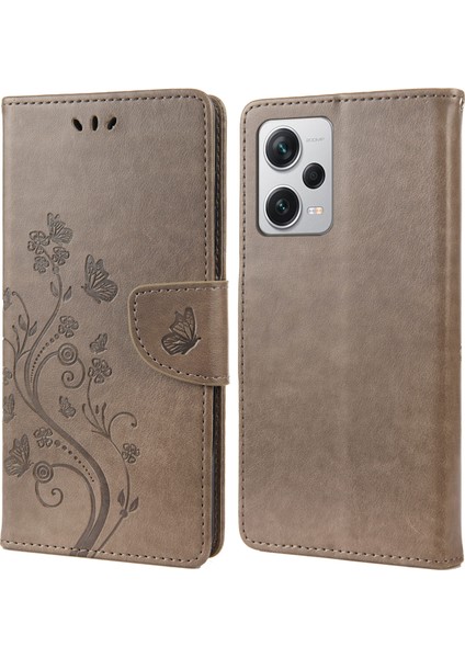 Xiaomi Redmi Için Note 12 Pro+ 5g Stand Telefon Kılıfı Pu Deri Çiçek Kelebek Basılı Cüzdan Kapağı-Gri (Yurt Dışından)