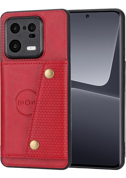 Çift Düğme Kartı Yuvaları Xiaomi 13 Pro 5g Kickstand Araba Montaj Metal Sayfası Anti-Çizelge Deri Kapalı Tpu Arka Kapak-Kırmızı (Yurt Dışından)