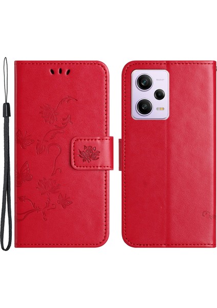Xiaomi Redmi Için Şok Geçirmez Telefon Kılıfı Note 12 Pro+ 5g Baskılı Kelebek Çiçek Deseni ve Stand Cüzdanlı Pu Deri Telefon Kapağı-Kırmızı (Yurt Dışından)