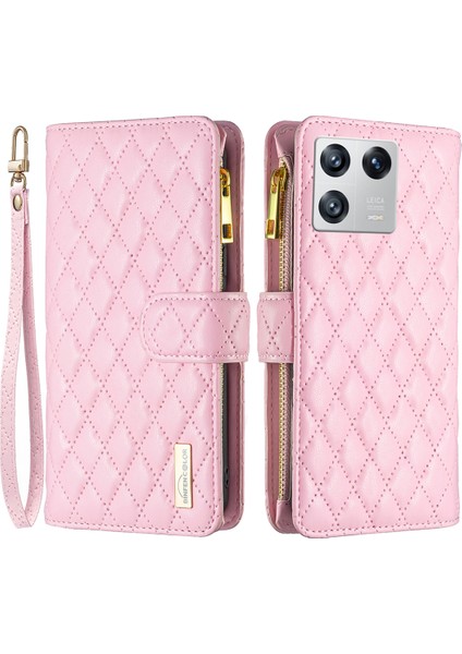 Xiaomi Için 13 Baskılı Eşkenar Dörtgen Desen Fermuar Cep Kasası Pu Deri Cüzdan Stand Telefon Kapağı Strap Ile-Pembe (Yurt Dışından)