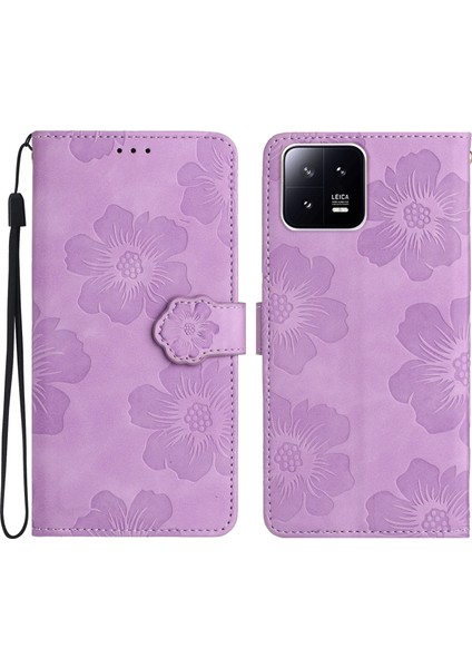Xiaomi 13 Pro 5g Çiçekler Için Baskı Stand Dergisi Deri Cüzdan Şok Geçirmez Telefon Kabuğu-Mor (Yurt Dışından)