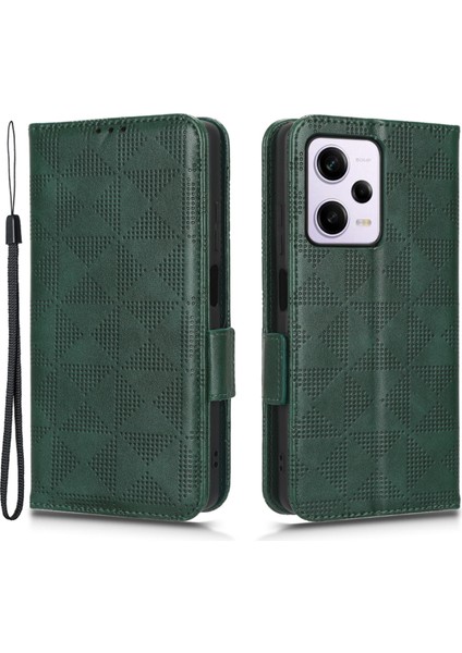 Xiaomi Için Redmi Note 12 Pro+ 5g Tam Koruma Cep Telefonu Kapak Stand Standı Pu Deri Deri Baskılı Üçgen Desen Flip Telefon Kılıfı-Yeşil (Yurt Dışından)