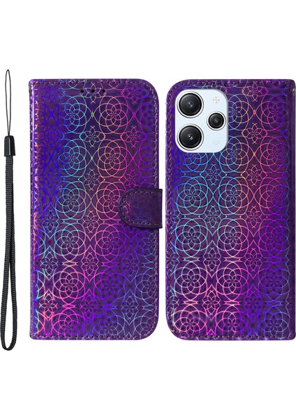 Xiaomi Redmi Için 12 4g Göz Kamaştırıcı Çiçek Deseni Telefon Kasası Pu Deri Cüzdan Standı Kapağı-Mor (Yurt Dışından)