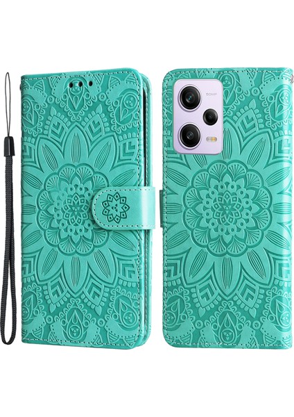 Xiaomi Redmi Için Note 12 Pro+ 5g Pu Deri Ayçiçeği Baskılı Telefon Kılıfı Manyetik Kapatma Eller Serbest Stand Flip Cover Bilek Kayışı Ile-Yeşil (Yurt Dışından)