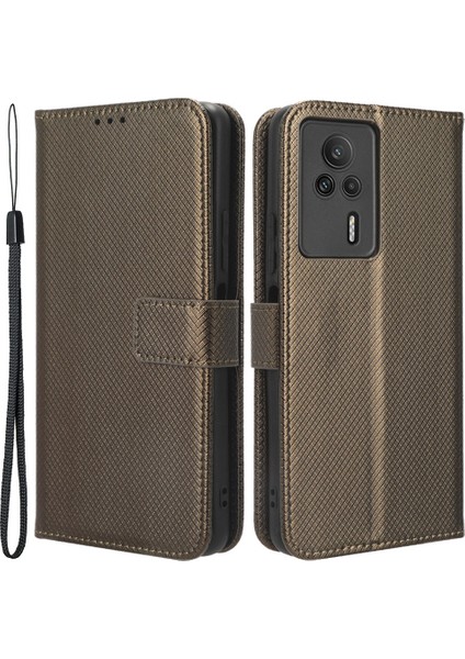 Xiaomi Için Telefon Deri Kapağı Redmi K60E 5g Elmas Doku Stand Cüzdan Telefon Kılıfı-Kahverengi (Yurt Dışından)