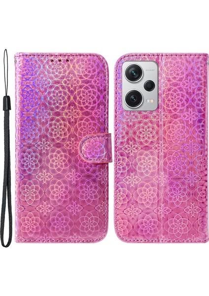 Xiaomi Redmi Için Note 12 Pro+ 5g Pu Deri Flip Kılıf Göz Kamaştırıcı Çiçek Desen Cüzdan Stand Telefon Kapağı-Pembe (Yurt Dışından)