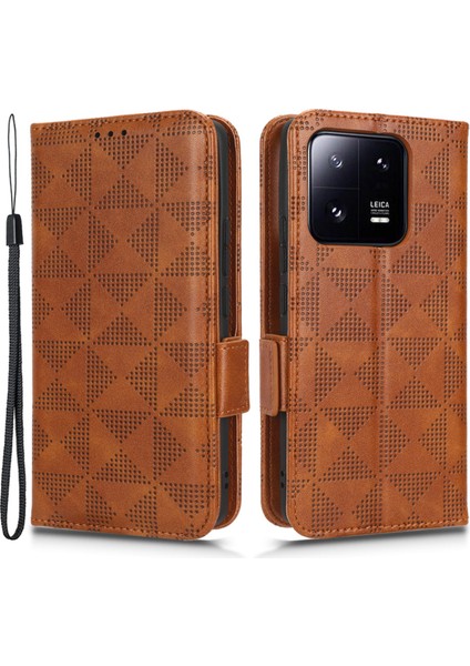Xiaomi 13 Pro 5g Için Koruyucu Telefon Kapağı Baskılı Üçgen Desen Pu Deri Deri Anti-Fall Flip Cüzdan Kılıfı Stand El Kayışı-Kahverengi (Yurt Dışından)