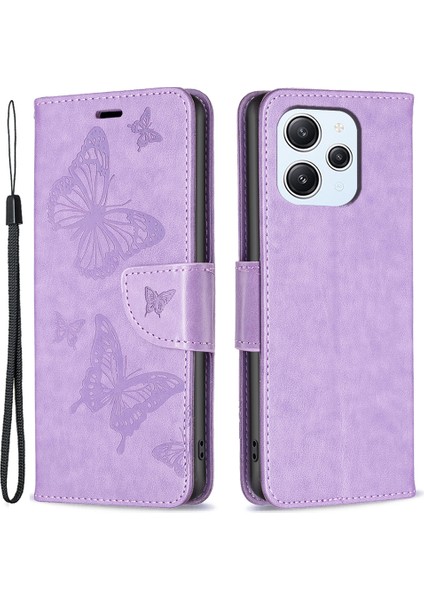 Xiaomi Redmi Için 12 4g Anti-Dut Stand Cüzdan Telefon Flip Case Kelebek Baskılı Deri Kapak Kayışlı-Mor (Yurt Dışından)