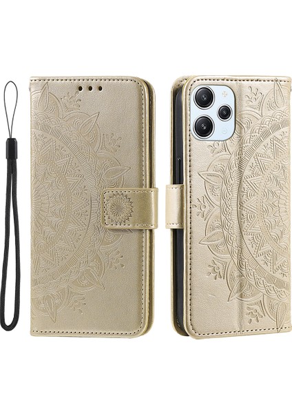 Xiaomi Redmi 12 4g Pu Deri Mandala Çiçek Izni Cüzdanlı Telefon Kılıfı-Altın (Yurt Dışından)