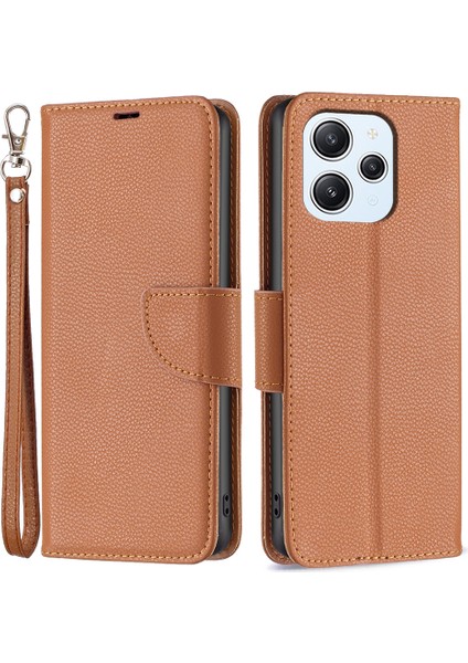 Xiaomi Redmi Için 12 4g Telefon Kapağı Cüzdan Pu Deri Litchi Doku Telefon Flip Stant Kılıfı-Kahverengi (Yurt Dışından)
