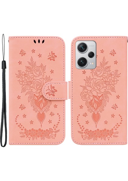 Xiaomi Redmi Için Deri Kılıf Not 12 Pro+ 5g Gül Kelebek Basılı Stand Telefon Cüzdan Kapağı-Pembe (Yurt Dışından)