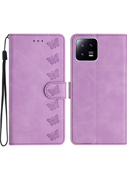 Xiaomi 13 Anti Dust Telefon Kılıfı Için Deri Deri Cüzdan Ince Baskılı Kelebek Stand Telefon Kapağı-Mor (Yurt Dışından)