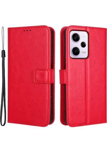 Xiaomi Redmi Için Koruyucu Telefon Kapağı Note 12 Pro+ 5g Çılgın At Dokusu Manyetik Toka Pu Deri Kılıf Standı Strap Ile-Kırmızı (Yurt Dışından)
