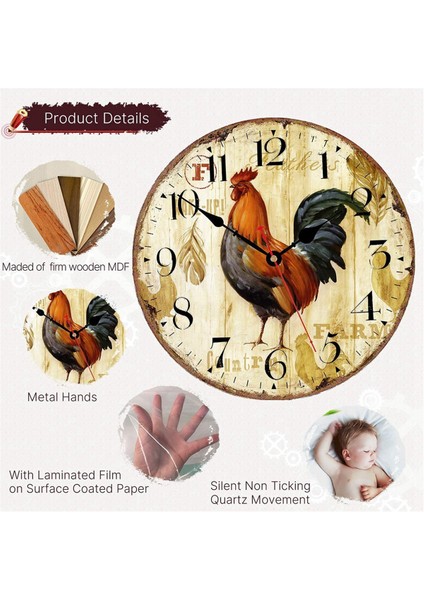 12 Inç Rustik Horoz Sessiz Geçmeyen Duvar Saati (Yurt Dışından) indirimleri