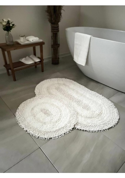 Makaroni Doğal Pamuklu 2'li Banyo Paspas Seti 60X100+50X60 cm Beyaz