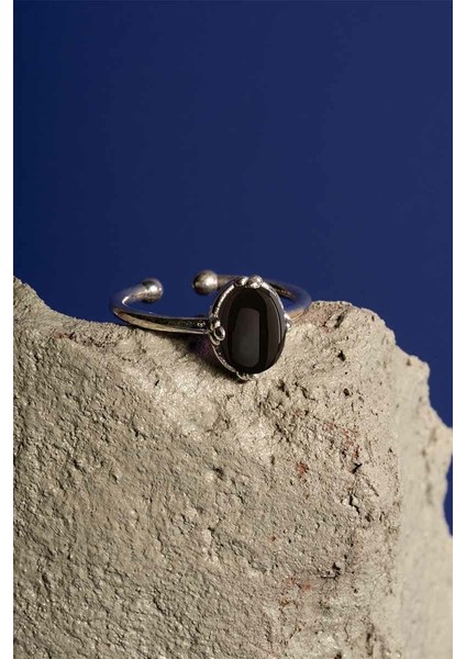 Oniks Taşlı Minimal Gümüş Ayarlanabilir Kadın Yüzük Gümüş Rengi - 13