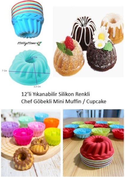 12'li Yıkanabilir Mini Chef Muffin Pişirme Kalıbı, Silikon Göbekli Kek, Cupcake, Hamur Işi Kap