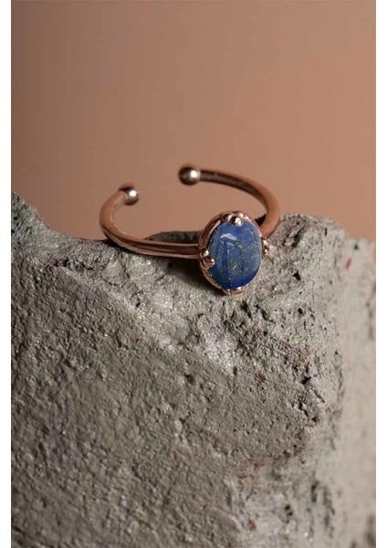 Lapis Lazuli Taşlı Minimal Gümüş Ayarlanabilir Kadın Yüzük Rose Rengi - 11