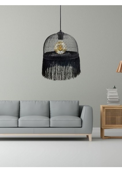 Siyah Endüstriyel Metal Hasır Tel Kafes Ip Detaylı Model Hol Mutfak Tekli Sarkıt Avize Aydınlatma
