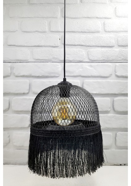Siyah Endüstriyel Metal Hasır Tel Kafes Ip Detaylı Model Hol Mutfak Tekli Sarkıt Avize Aydınlatma modelleri