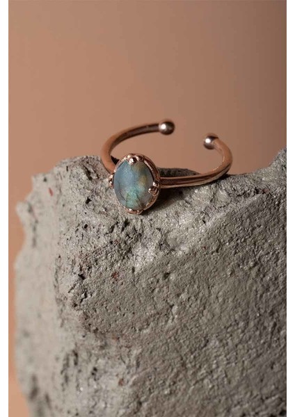 Labradorit Taşlı Minimal Gümüş Ayarlanabilir Kadın Yüzük Rose Rengi - 13