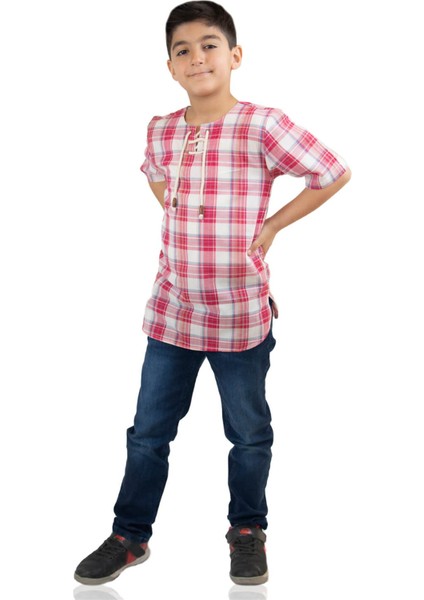Kısa Kol Zımbalı Erkek Çocuk T-Shirt Kırmızı Krem Ekose