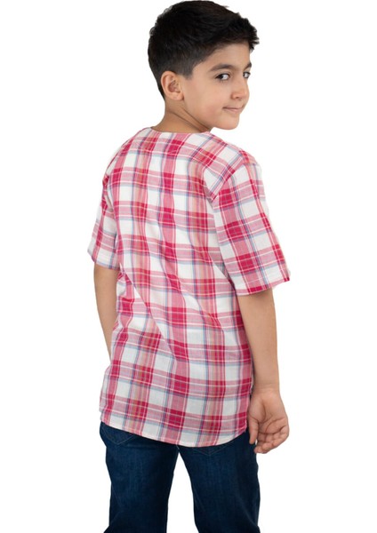 Kısa Kol Zımbalı Erkek Çocuk T-Shirt Kırmızı Krem Ekose