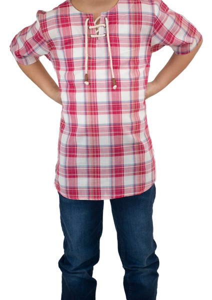Kısa Kol Zımbalı Erkek Çocuk T-Shirt Kırmızı Krem Ekose