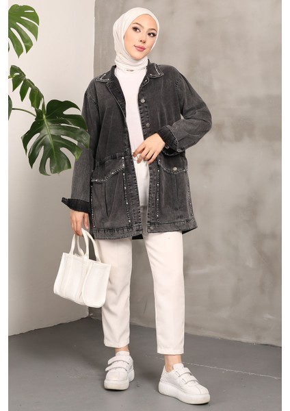 Antrasit Taşlı Kot Ceket