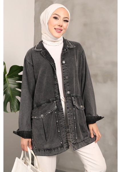 Antrasit Taşlı Kot Ceket modelleri