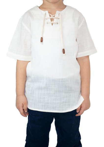 Kısa Kol Şile Bezi Zımbalı Erkek Çocuk Tshirt Krem