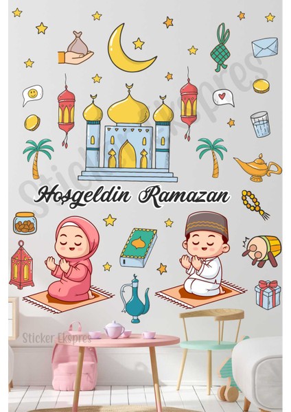 Namaz Kılan Çocuklar Hoşgeldin Ramazan Set Cam Duvar Kapı Sticker Seti