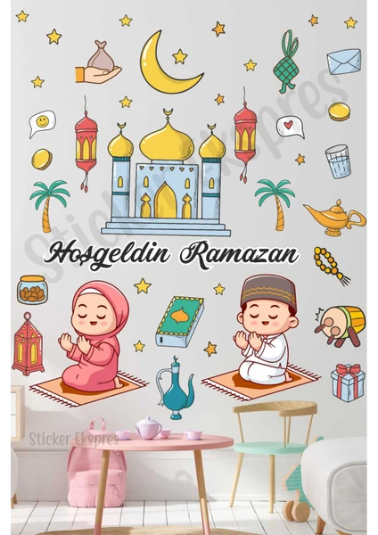 Sticker Ekspres Namaz Kılan Çocuklar Hoşgeldin Ramazan Set Cam Duvar Kapı Sticker Seti