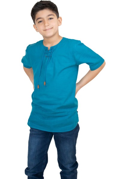 Kısa Kol Şile Bezi Zımbalı Erkek Çocuk T-Shirt Petrol