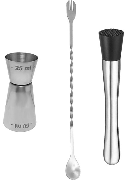 Çelik Kokteyl Hazırlama Kaşığı Bar Tokmağı ve Kokteyl Bardağı Seti CIN588