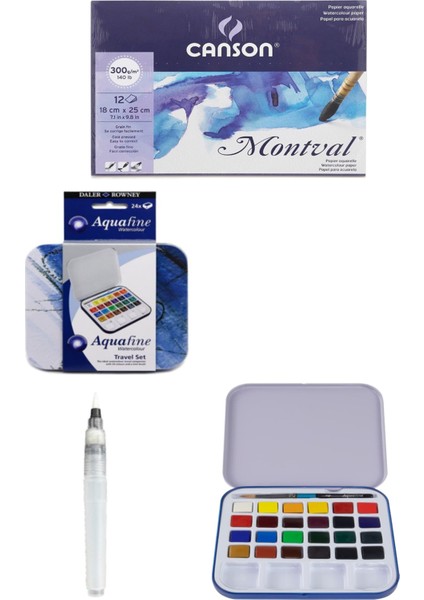 Daler Rowney Aquafine 24'lü Tablet Suluboya Canson Suluboya Defteri 18X25CM 300GR Fırça Uçlu Kalem