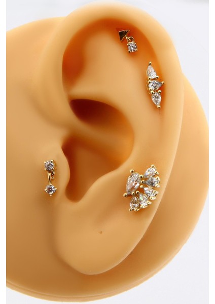 Altın Piramit Tektaş Sallantılı Kıkırdak Küpe Tragus Helix