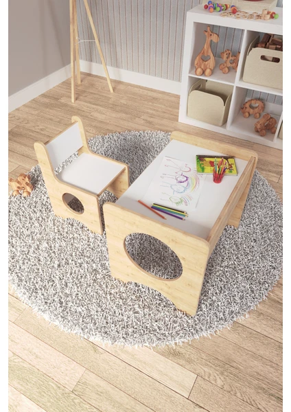 Zeo Wood Design Montessori Çocuk Oyun & Aktivite & Çalışma Masa ve Sandalyesi