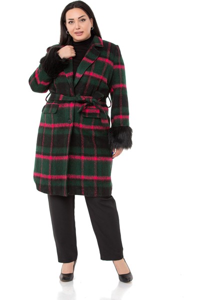 Büyük Beden Kolları Kürklü Cepli Astarlı Zümrüt Rengi Kaban