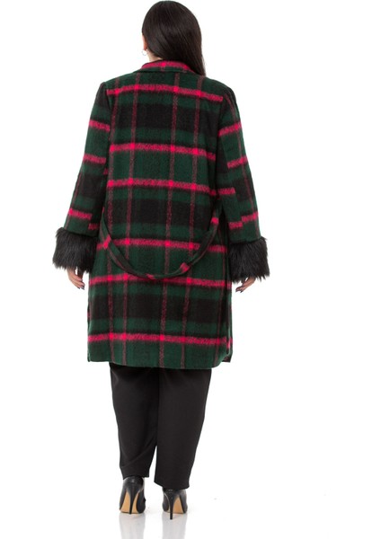 Büyük Beden Kolları Kürklü Cepli Astarlı Zümrüt Rengi Kaban modelleri