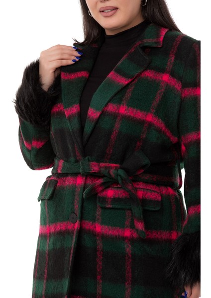 Büyük Beden Kolları Kürklü Cepli Astarlı Zümrüt Rengi Kaban fırsatları