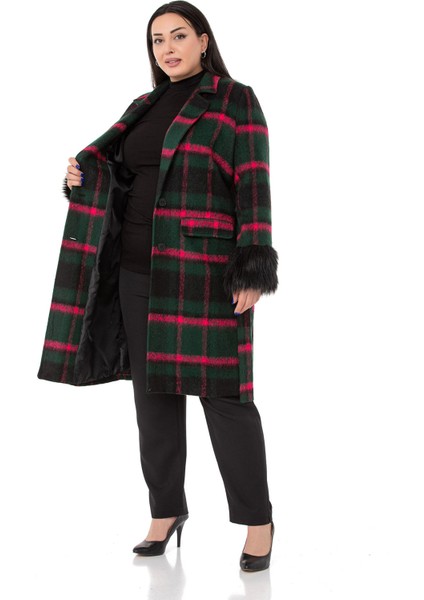 Büyük Beden Kolları Kürklü Cepli Astarlı Zümrüt Rengi Kaban indirimleri