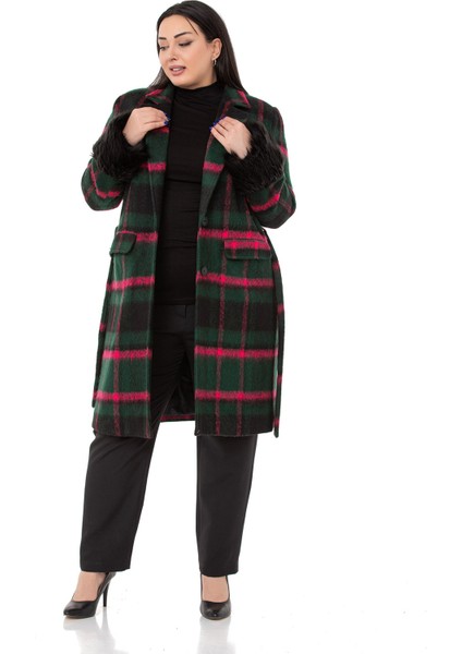 Büyük Beden Kolları Kürklü Cepli Astarlı Zümrüt Rengi Kaban