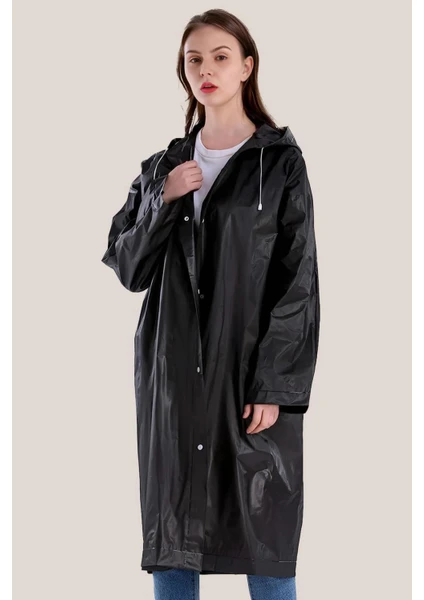 Kadın Erkek Yağmurluk Kapüşonlu Çıtçıtlı Eva Raincoat Siyah Yağmurluk