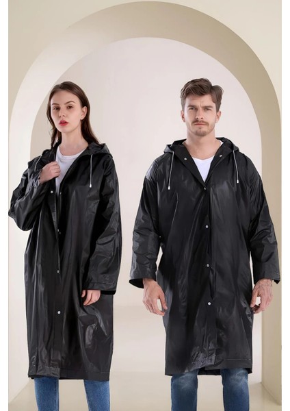 Kadın Erkek Yağmurluk Kapüşonlu Çıtçıtlı Eva Raincoat Siyah Yağmurluk