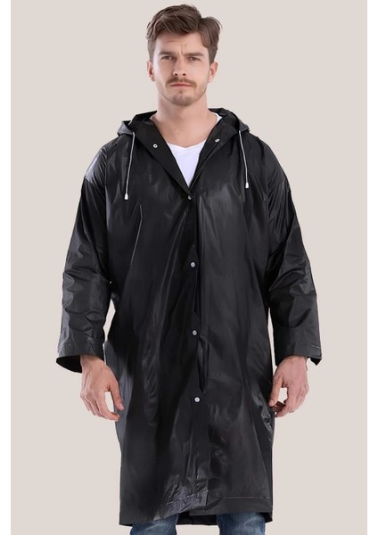 Kadın Erkek Yağmurluk Kapüşonlu Çıtçıtlı Eva Raincoat Siyah Yağmurluk